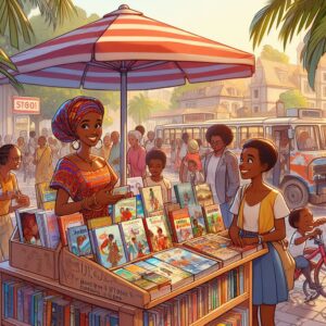 librairie du futur femme avec stand de livres