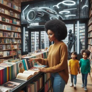 librairie du futur femme noire dans une librairie avec enfants